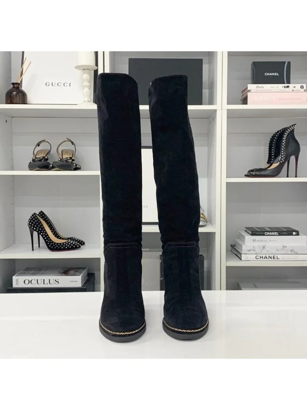 Chanel Suede CC Logo Chain Wedge Sole Long Boots Black